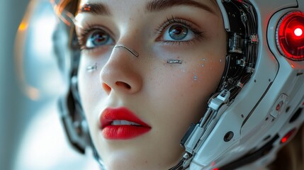 Poster - A captivating portrait showcases a woman's face with glossy skin and vibrant lip color, illuminated by multicolored lights, evoking a sense of intrigue and beauty