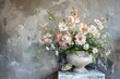 © Iftikhar alam - Painting featuring a vase filled with colorful flowers, Paint a delicate floral arrangement against a soft grey backdrop