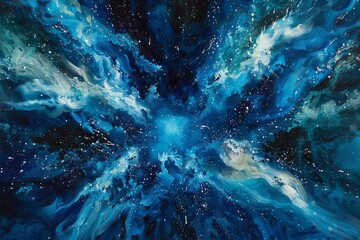 Canvas Print - A painting featuring a swirling pattern in shades of blue and white, Paint a cosmic scene with shades of blue exploding outwards like a supernova