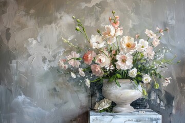 Poster - painting featuring a vase filled with colorful flowers, paint a delicate floral arrangement against 