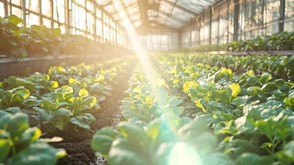 Poster - Fresh lettuce plants thrive in a well-lit greenhouse, soaking up the morning sun and surrounded by healthy soil.