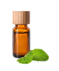 Wall Mural - Bottle of essential oil and mint isolated on white