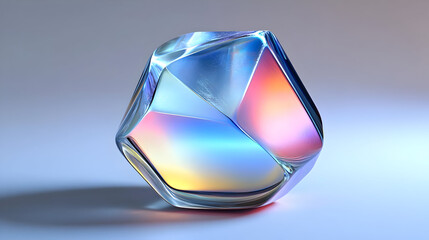 A colorful, geometric glass object reflecting light in various hues.