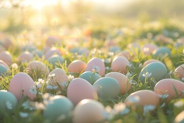 Sticker - Bunch of pastel-colored eggs scattered in a sunlit meadow, Pastel colored eggs scattered in a sunlit meadow