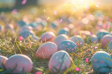 Poster - A bunch of pink and blue eggs scattered in lush green grass under sunlight, Pastel colored eggs scattered in a sunlit meadow