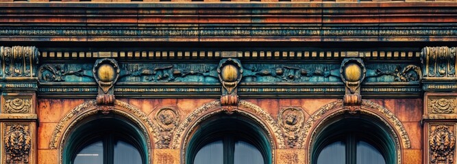 Poster - Ornate Brick Building with Arched Windows and Intricate Detailing