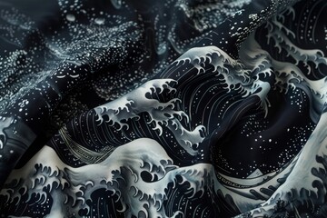 Poster - Fabric with realistic wave patterns resembling a stormy sea in black and white colors, Patterned skin resembling waves on a stormy sea