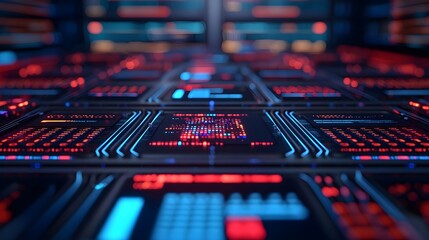 Poster - Futuristic digital interface featuring intricate circuit patterns and vibrant neon lights in red and blue hues.