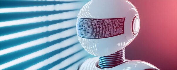 Poster - Futuristic robot with a sleek design and digital display, illuminated by neon lights, representing advanced technology and innovation.