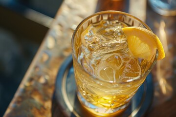 Wall Mural - a glass of lemonade with ice and a slice of lemon