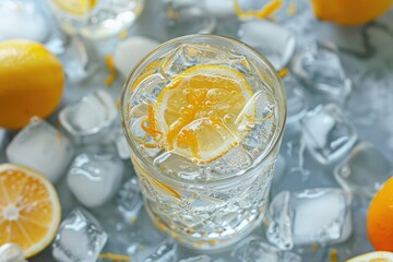 Wall Mural - a glass of water with lemons and ice cubes