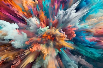 Poster - Abstract painting featuring colorful clouds swirling in a playful manner, Playful bursts of color bursting forth like fireworks in the sky