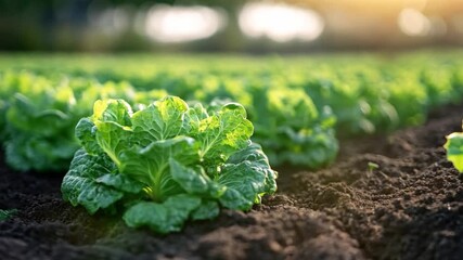 Poster - Lush green lettuce plants thrive in rich soil under the warm glow of the setting sun on a vibrant farm.