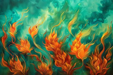 Poster - painting featuring orange flowers against a vivid green backdrop, playful puffs of tangerine and lim