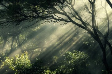 Poster - A forest filled with numerous trees, bathed in sunlight filtering through the branches, Play of light filtering through branches