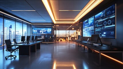 Poster - Modern Futuristic Tech Office with City Skyline View
