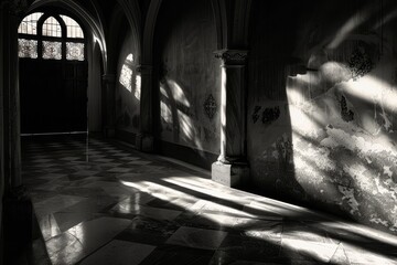 Poster - a black and white hallway with dramatic lighting and shadow play, play with light and shadow to evok