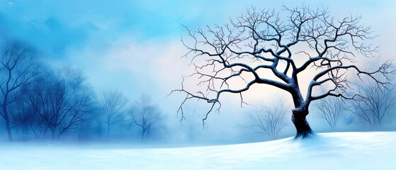 A solitary tree stands in a serene, snowy landscape under a soft blue sky, capturing the essence of winter's quiet beauty.