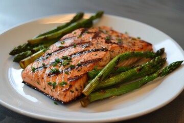 Poster - A white plate topped with grilled salmon and asparagus, Print a plate of grilled salmon with a side of steamed asparagus