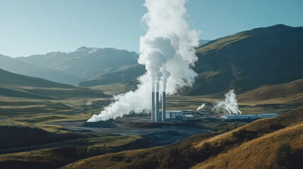 Massive geothermal power plant with steam rising from the ground, showcasing geothermal energy