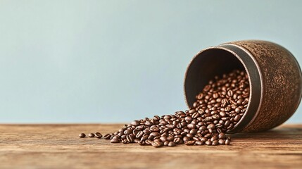 Wall Mural - Close-up of freshly roasted coffee beans spilling from the roaster onto a wooden table, light solid color background