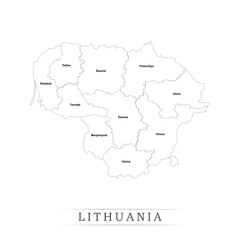  Administrative regions of LITHUANIA. Province, state, division name with white map with black outline. Vector illustration	