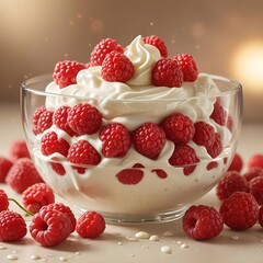 Poster - portrait of a cream dessert with raspberries