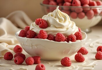 Poster - portrait of a cream dessert with raspberries