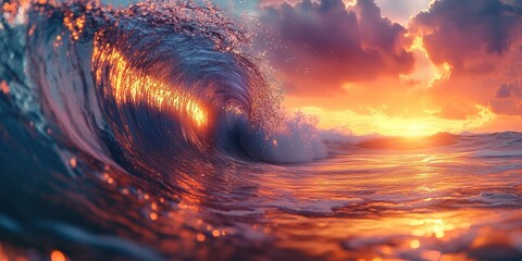 Poster - Ocean Wave Crashing at Sunset with Golden Reflections