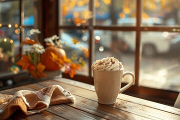 Wall Mural - A cup of coffee placed on a wooden table, Pumpkin spice latte served in a cozy cafe with a view of autumn scenery