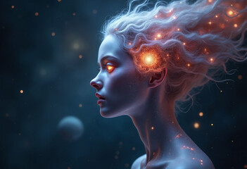 Ethereal head of a galactic deity floating in space, her eyes are formed from nebulae and starlight