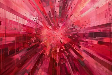 Poster - Abstract painting featuring radiating bursts of red and pink hues from a central point, Radiating bursts of red and pink hues from a central point