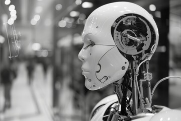 Sticker - A black and white close-up photo of a robots head, showcasing intricate details and design, Reflecting on the ethics of AI development