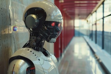 Poster - A robot is standing next to a wall in a hallway, Reflecting on the ethics of AI development