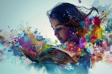 Poster - A woman engrossed in reading a book while surrounded by vibrant paint splatters, Reflecting on the transformative power of education through digital art