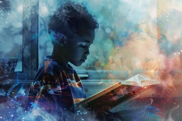 Poster - A boy sitting down reading a book, focused and engaged in the learning process, Reflecting on the transformative power of education through digital art