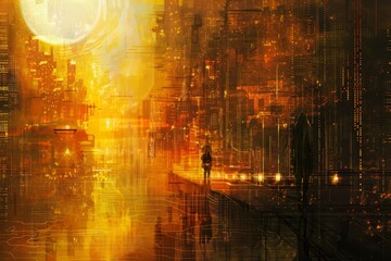 Poster - Digital painting of a person strolling through a city at night, surrounded by city lights and buildings, Reflecting the energy-intensive nature of crypto mining in a digital painting