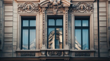 Poster - Ornate Stone Facade with Windows Reflecting an Architectural Detail