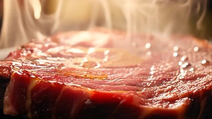 Poster - Cooking a Juicy Red Raw Steak With Sizzling Edges on a Grill Generative AI