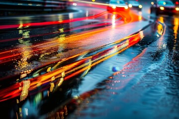 Canvas Print - Busy city street at night with blurred cars and pedestrians in motion, Reflections of the cars zooming past on the shiny track