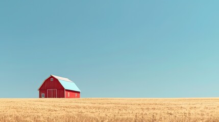 Wall Mural - A rustic red barn surrounded by fields of golden wheat under a clear blue sky. 