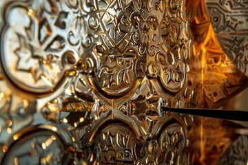 Poster - Detailed view of a clock hanging on a wall with intricate patterns reflecting on its surface, Reflective surface with intricate patterns