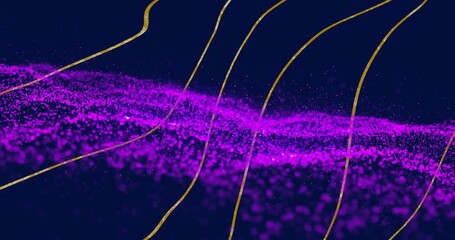 Poster - Purple particles flowing along yellow lines, abstract data visualization animation