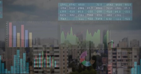 Poster - Animating financial data charts and graphs over cityscape background