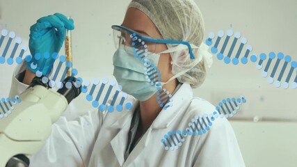 Poster - Scientist examining sample with microscope, DNA strand animation over scene