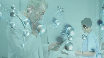 Poster - Using smartphone, medical professional with molecular structure animation in hospital scene