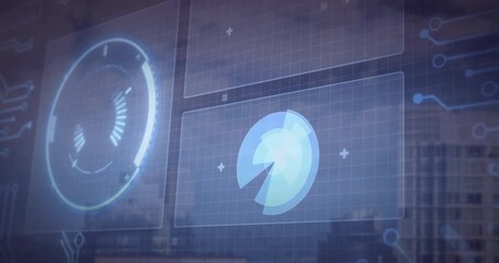 Poster - Processing futuristic data animation over cityscape background