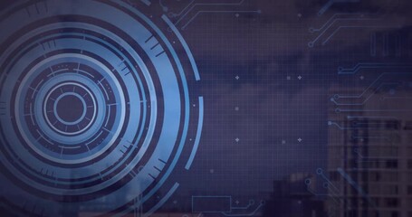 Poster - Circular interface animation over cityscape with grid and circuit patterns