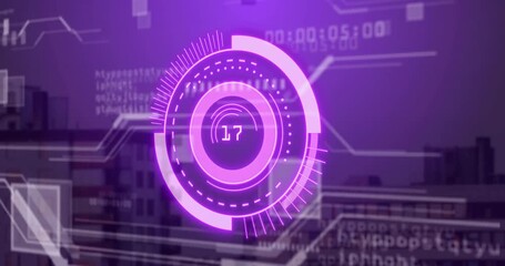 Poster - Animating futuristic digital interface over cityscape background