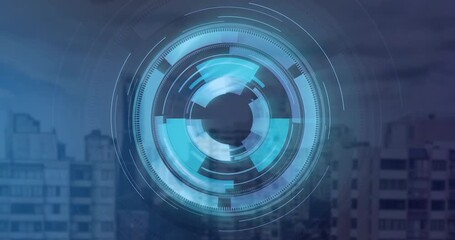 Poster - Animating futuristic circular interface over cityscape background